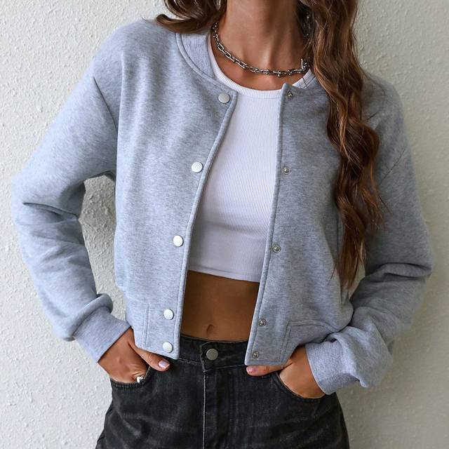 INAWLY Women&#39;s Spring/Autumn Solid Color Long Sleeve Single-Breasted Casual Baseball Jacket