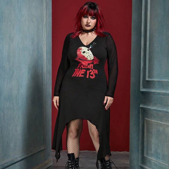 SHEIN Plus Size Black V-Neck Mesh Sleeve Graphic Print High Stretch Dress, Suitable For Halloween Party