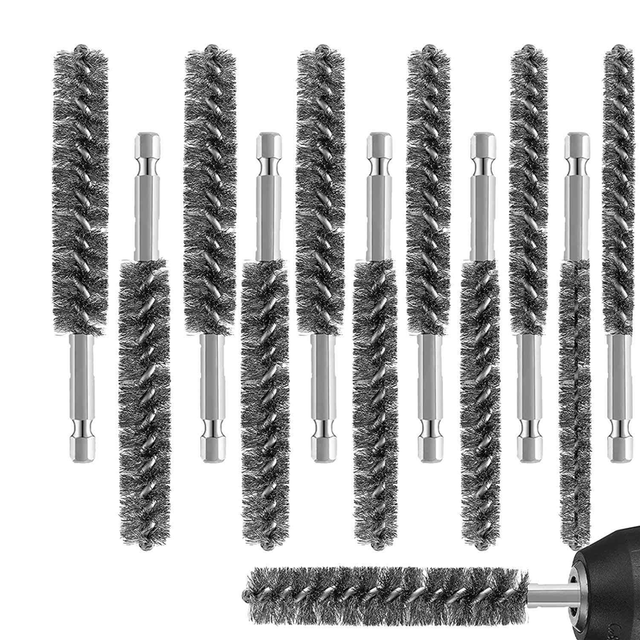 Stainless Steel Bore Brush Stainless Steel Bristles Wire Brush for Power Drill with Hex Handle 12 Pcs