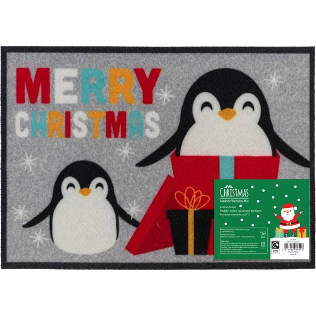 Xmas Machine Washable -Penguins- 40x57cm Non-Slip Door Mat - Multi (57cm W X 40cm L)