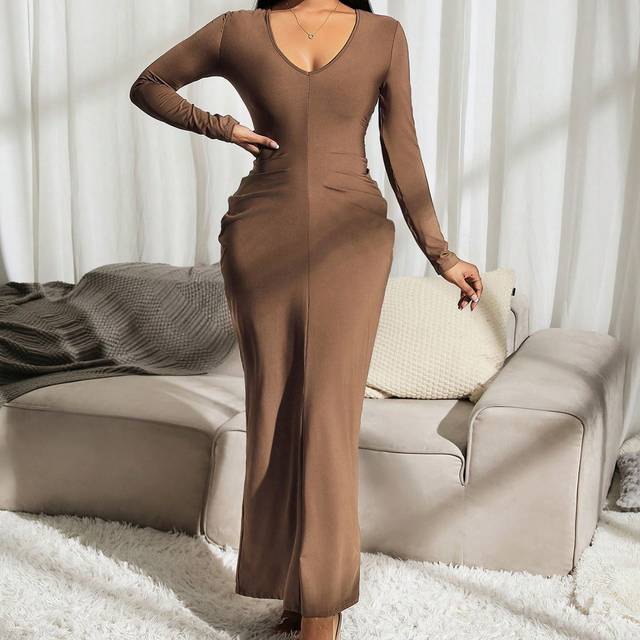 SHEIN Pleated Bodycon Midi Dress With Long Sleeves & V-Neck, Autumn Winter