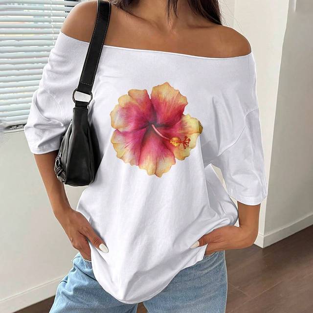 Sunnyshic Oversized Asymmetrical Shoulder Loose Hibiscus Print T-Shirt Graphic Tees Women Tops