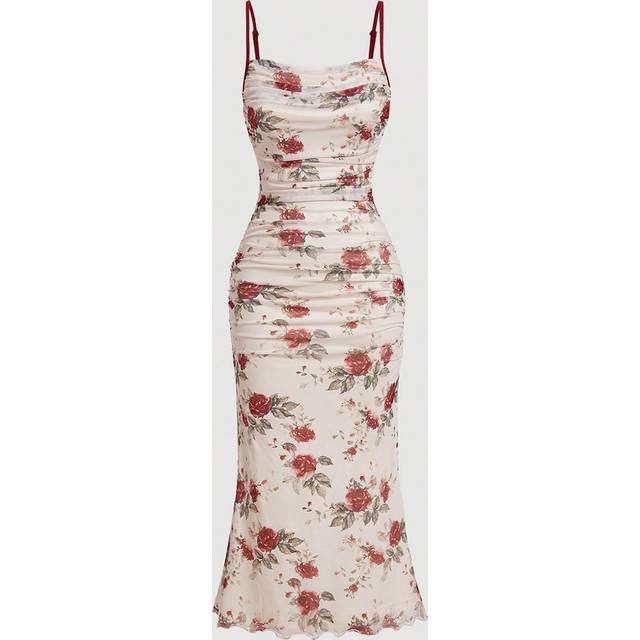 SHEIN Women Vintage Floral Printed Colorblock Shoulder Straps Waist Pleated Dress