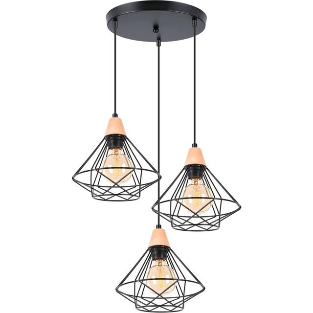 3 Lights Vintage Pendant Light, 22CM Retro Wood and Iron Pendant Light Black Cage Design Ceiling Light E27 for Living Room Kitchen Dining Room