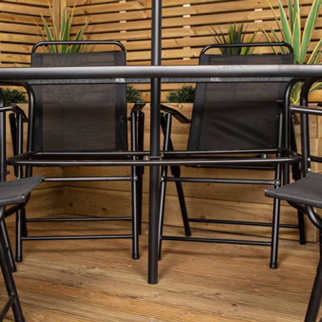 Samuel Alexander Outdoor 6 Seater Glass Top Table and Chairs Patio Set with Parasol in Black, Black