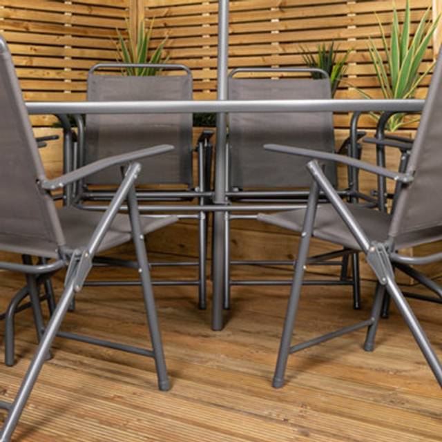 Samuel Alexander Outdoor 6 Seater Glass Top Table and Chairs Patio Set with Parasol in Grey, Grey