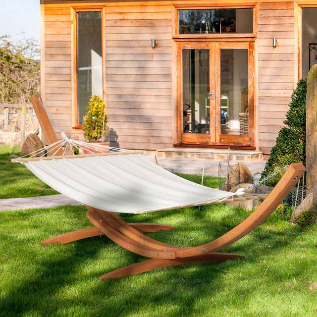 Outsunny White Hammock with Wooden Stand - 392 x 120 x 102cm