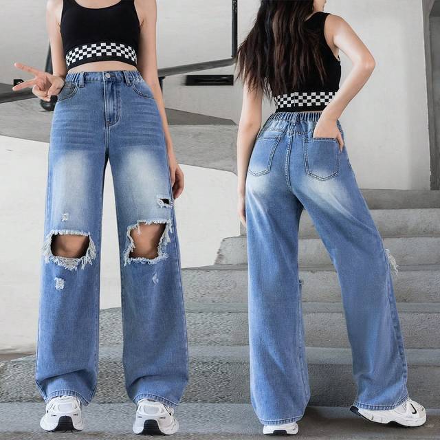 SHEIN Teenage Girls&#39; Casual Ripped Washed Straight Leg Jeans