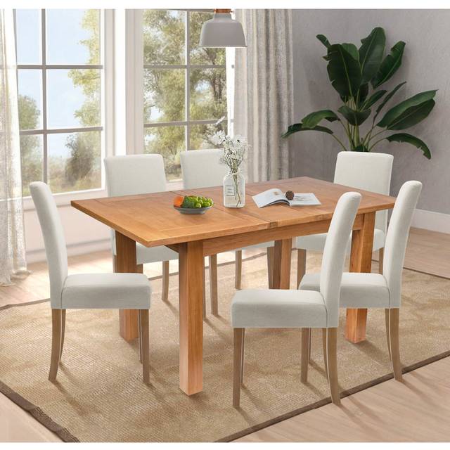 Hallowood Furniture - Camberley Oak Butterfly Extendable Dining Table and Chairs Set 6, Wooden Kitchen Table with 6 Straight Back Dining Chairs in
