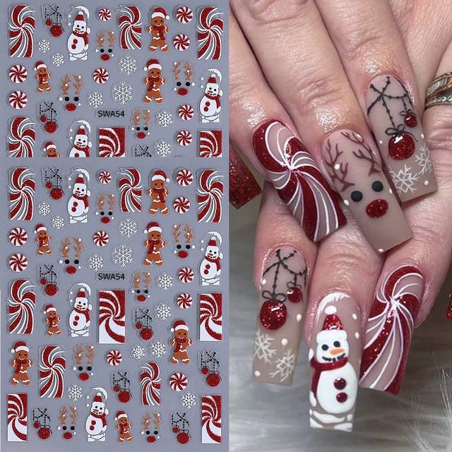 SHEIN 2PCS 3D Red Glitter Christmas Nail Art Sticker Snowflake Elk Gingerbread Man Candy Winter Decal 3D DIY Slider New Year Manicure Nail Art Decoration
