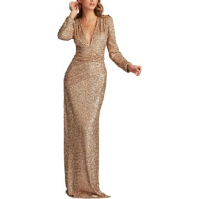 Deep V-Neck Sequin Column Gown - COPPER - Medium