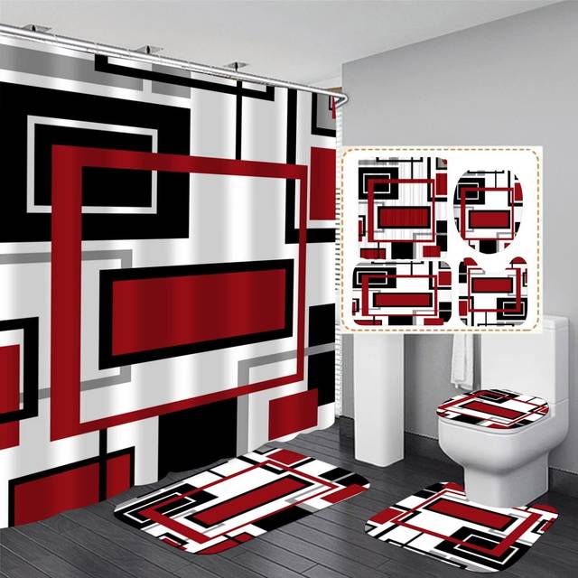 Yddsky 4 Pcs Red Geometric Shower Curtain Sets Non-Slip Rugs Bath Mat  Toilet Cover  U-Shaped Mat  Abstract Geometric Modern Shower Curtain with 12 Ho