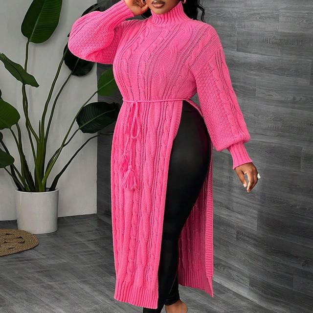Slaydiva Plus Size Casual Elegant Sexy Long Sleeve Turtleneck Winter Dress - Z