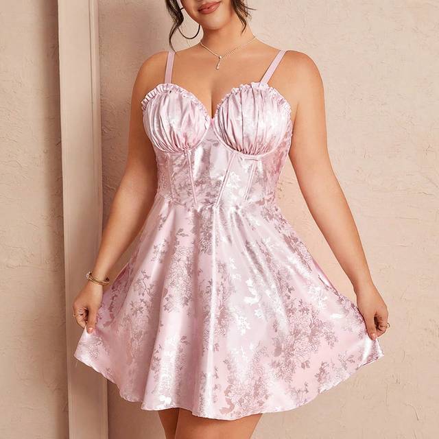 Allurite Plus Size Women Floral Jacquard Frill Trim Elegant Camisole Dress, Summer