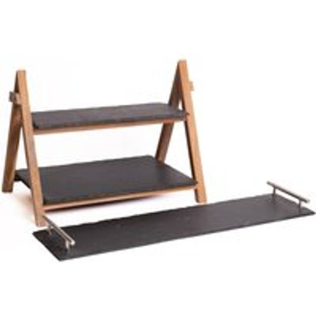 2pc Slate Serveware Set with Rectangular Serving Platter and 2-Tier Slate & Wood Serving Stand - Black - One Size
