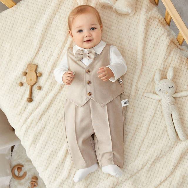 SHEIN 3pcs Newborn Baby Boy/Girl Adorable Gentleman Style Outfit Set Including Vest, Long Sleeve Shirt And Pants, Suitable For Birthday Party, Evening Party