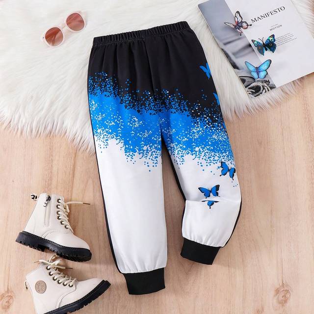 SHEIN Girls Butterfly Print Ribbed Hem Pants, Purple Ombre Polka Dot Formal Trousers, Fashionable Long Pants For Girls
