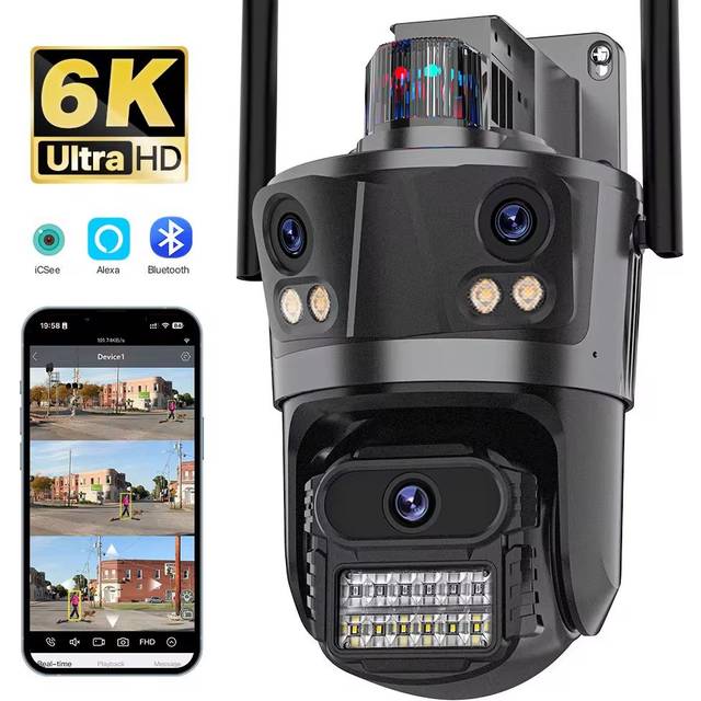 6K HD Outdoor IP Camera Wifi Three Lens Three Screen Security PTZ Camera 6MP Ai Human Auto Tracking Video Surveillance iCsee 6K Cam