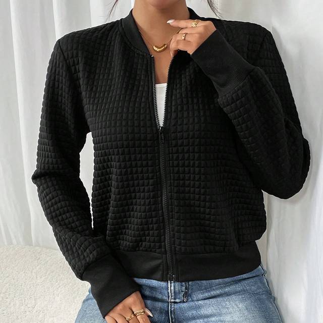 SHEIN Women&#39;s Solid Textured Color Long Sleeve Casual Cropped Baseball Jacket, Women Black Jackets,Bomber Women Jacket,Cropped Jacket,Winter Women Jacket,Bl