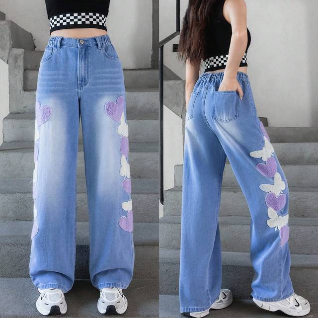 SHEIN Teen Girl Washed Denim Straight Leg Jeans With Heart Embroidery, Casual Fashion,Holiday,Summer,Travel