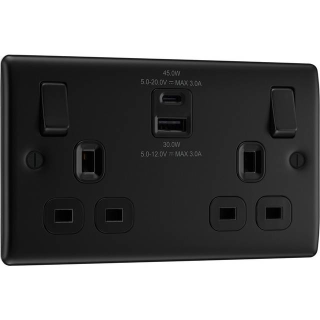 BG Nexus Metal Matt Switched Socket With USB A+C 45W 2 Gang (13A) in Black Plastic