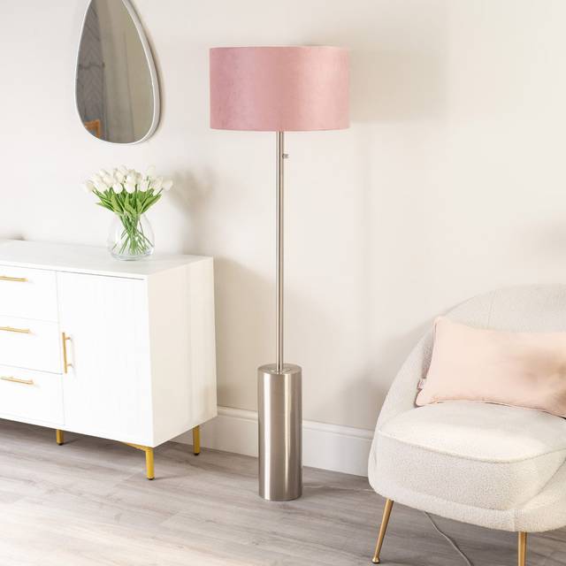 Heritage Hues Lexy Forest Green Velvet Drum Shade with Brushed Chrome Dimmable Floor Lamp with LED Bulb Brushed Chrome/Blush 150cm H X 45cm W X 45cm D