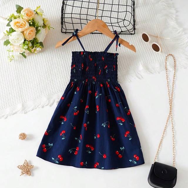 SHEIN Young Girl Little Cherry Dress Casual Slip Dress Young Girl Beach Holiday Beach Dress