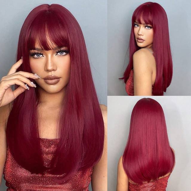 SHEIN HAIRCUBE 24 Inch Brown Highlights And Red Wigs With Bangs Long Straight Hair Wigs For Women Gorgeous Beautiful Stylish Synthetic Wigs For Party Daily