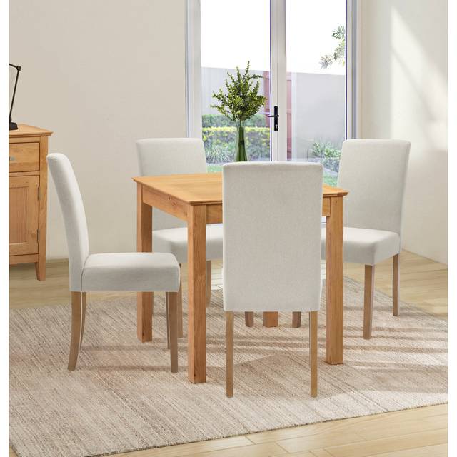 Hereford Oak Dining Table and Chairs Set 4, Square Kitchen Table and Straight Back Upholstered Chairs, Solid Wooden Small Table and Chairs in Beige