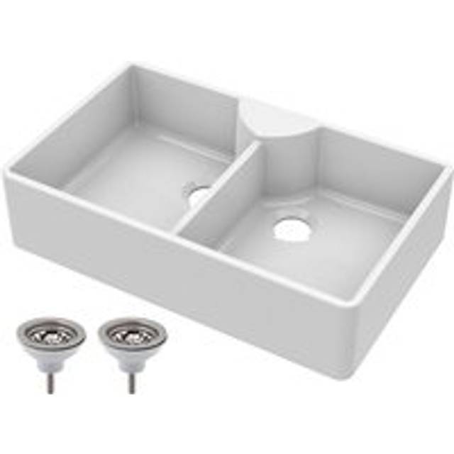 795mm - Double Bowl Fireclay Butler Kitchen Sink - Stepped Weir, Tap Ledge  & Wastes
