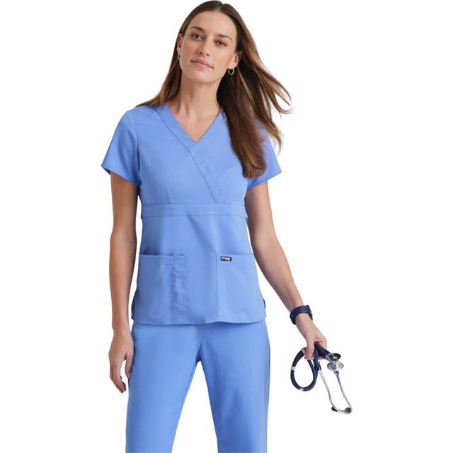 Grey's Anatomy Women's Junior Fit 3 Pocket Mock Wrap Scrub Top  Ceil B