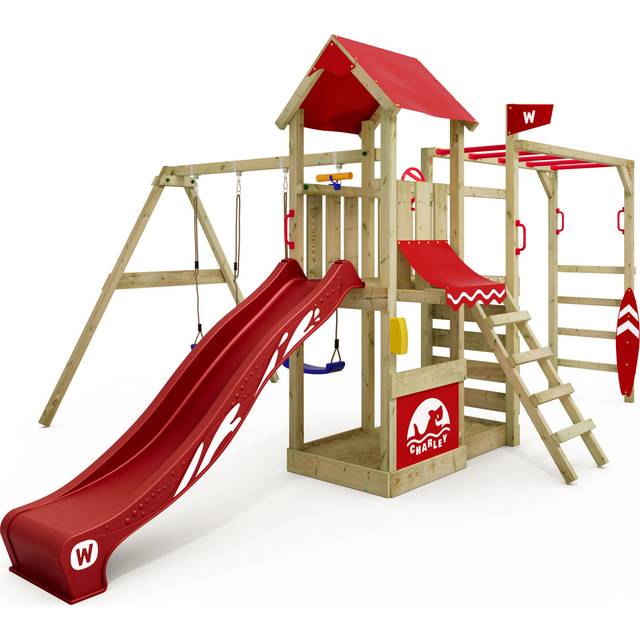 Wooden climbing frame Smart Baboon with swing set and slide, Garden playhouse with monkey bars, sandpit, climbing ladder & play-accessories – blue