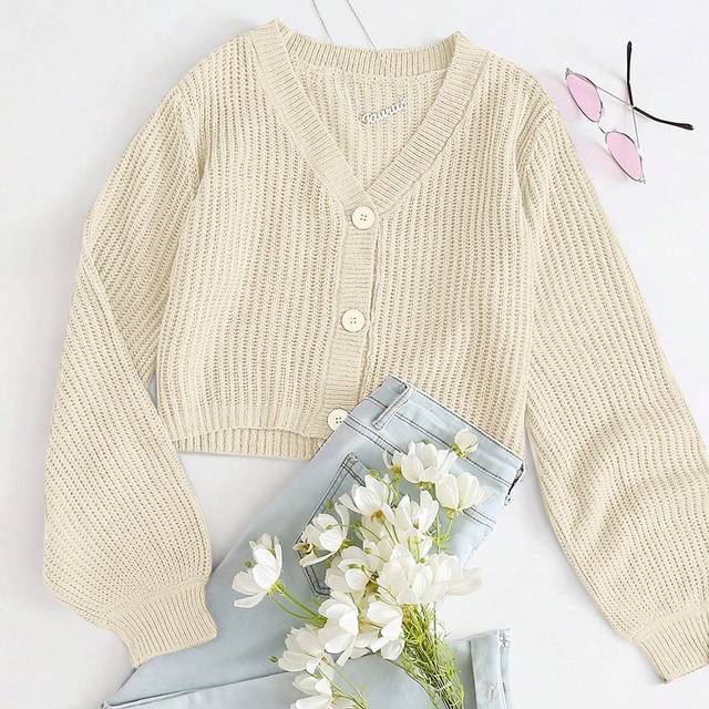 SHEIN Drop Shoulder Ribbed Knit Button Front Cardigan