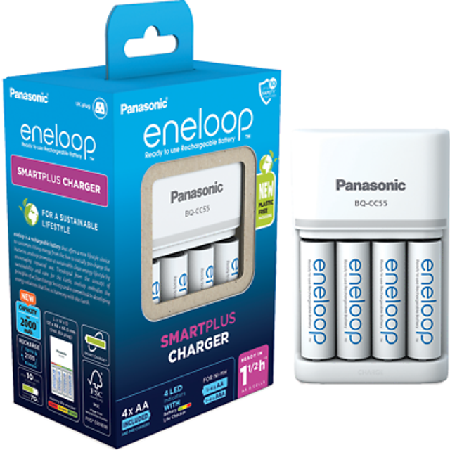 SmartPlus charger, for 1-4 AA/AAA rechargeable batteries, 1.5h charging time, 10 safety features, 4 eneloop AA batteries included (2000 mAh), UK plug