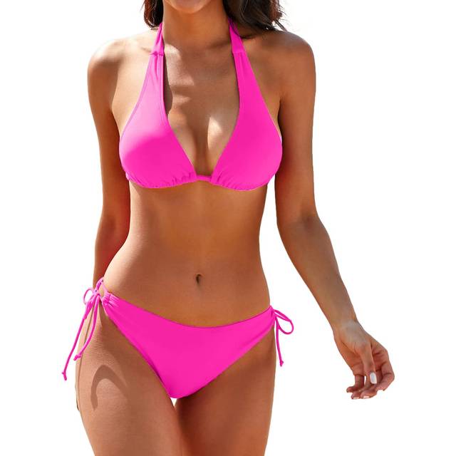 Plus Size Bikini Swimsuit Two Piece Bathing Suits Sexy Halter Thong Bikini Brazilian Bottom Tie Side Bikini Sets Pink XXL