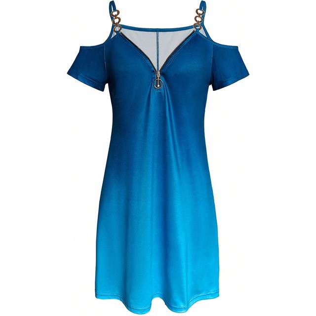 SHEIN Women&#39;s Ombre Zipper Half Placket Open Shoulder Short Sleeve Mini Dress, Summer