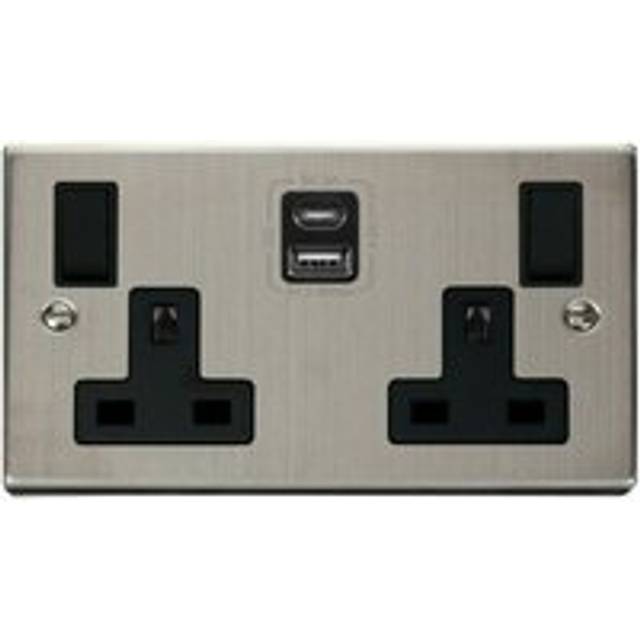 Stainless Steel 2 Gang 13A Type a & c usb Twin Double Switched Plug Socket - Black Trim Se Home