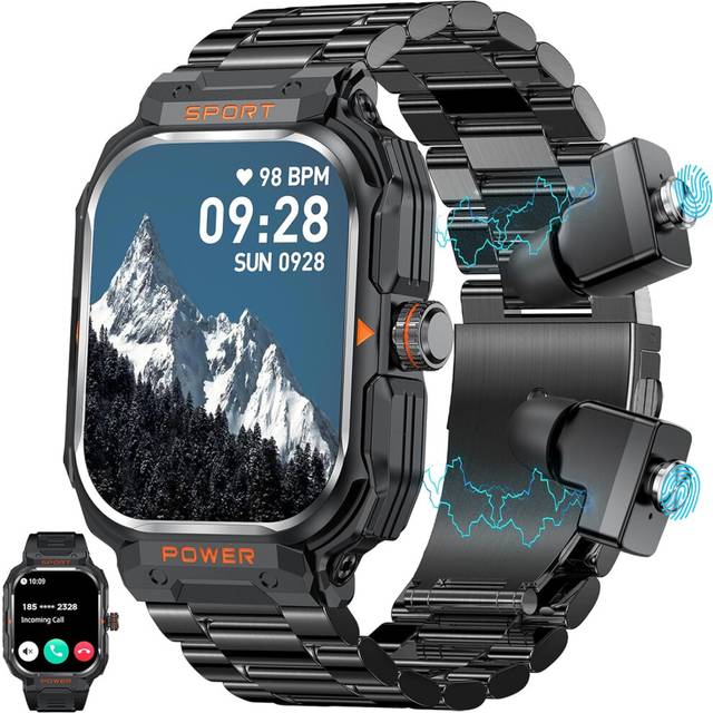 Chronus Military Smart Watch for Men with TWS Headset Bluetooth Call Outdoor Sports Fitness Activity Tracker Health Monitor Music Watch(Black)