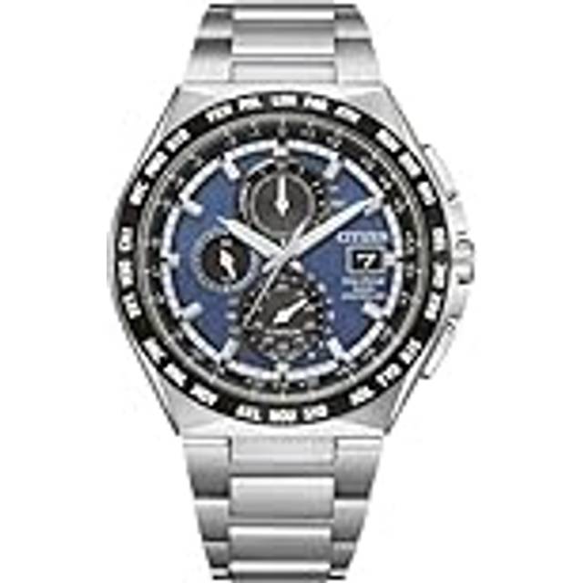 Citizen Eco-Drive Radio Controlled GMT Chronograph Super Titanium Blue Dial AT8238-84L 100M Men's Watch blue