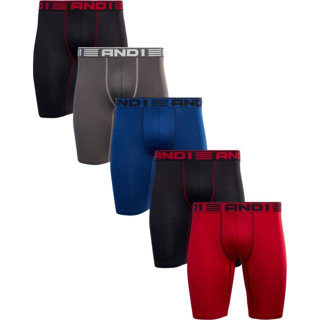 AND1 Men's Underwear - 5 Pack Long Leg Performance Compression Boxer Briefs S-3XL  Size X-Large  Black/Blue/Dark Shadow/Red Dahlia