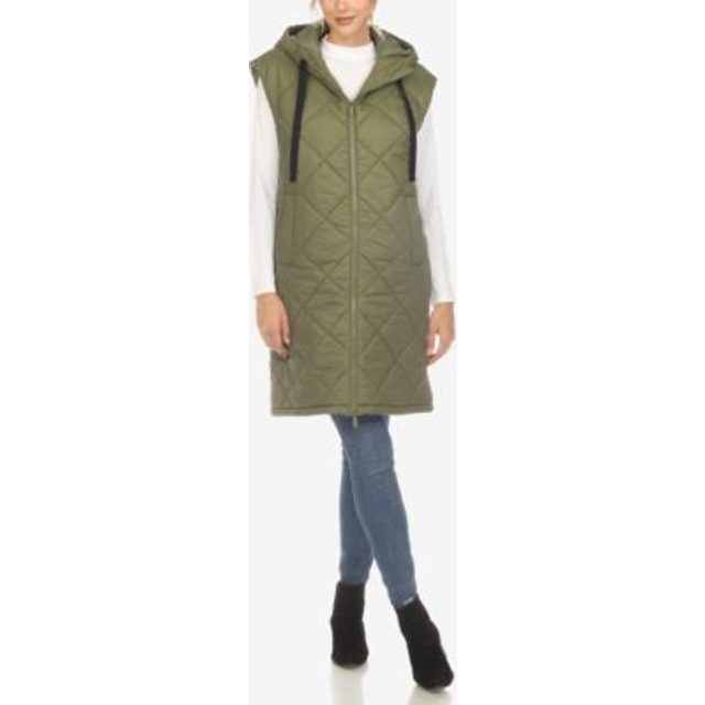 White Mark 8931-06-L Womens Diamond Quilted Hooded Puffer Vest, Olive - Large