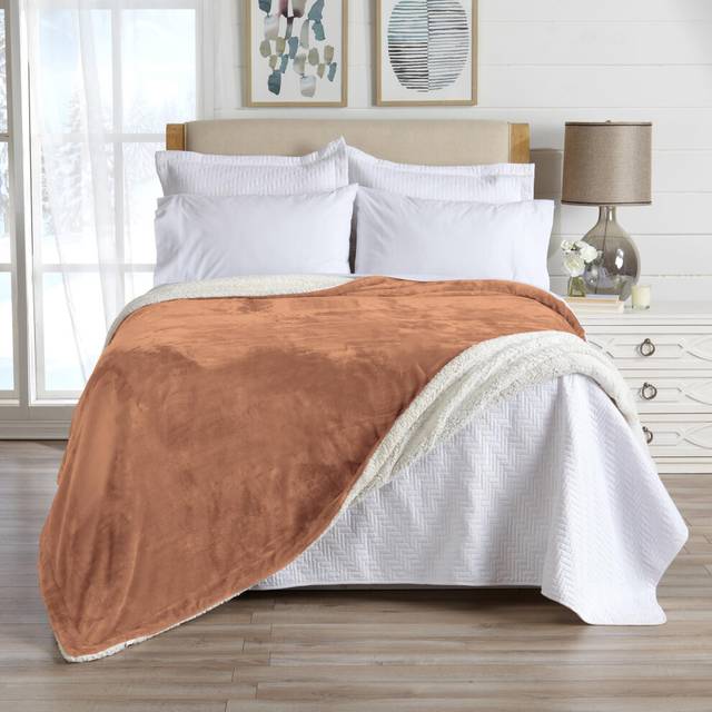 Sherpa Fleece and Velvet Plush Throw Blanket Terracotta, Thick Blanket for Chair, Sofa, or Bed. Warm, Reversible, Soft Fleece Throw Blanket. Kinsley