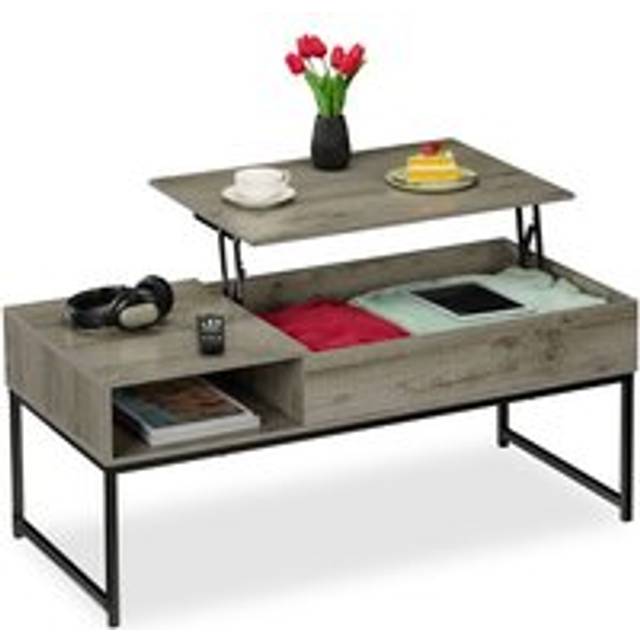 Relaxdays - Coffee Table with Lift Top, Side Section, Compartment with Storage Space, Wood-Look, 45 x 110 x 50 cm, Grey