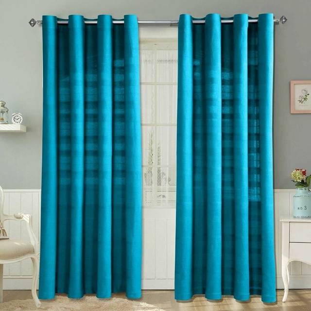 Homescapes Cotton Rajput Ribbed Teal Curtain Pair, 66 x 90" Drop - Blue