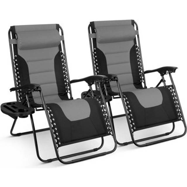 (Grey and Black) KEPLIN Set of 2 XXL Premium Heavy Duty Textoline Zero Gravity Chairs - Luxurious Garden Recliners, Adjustable Headrest, Cup & Phone H