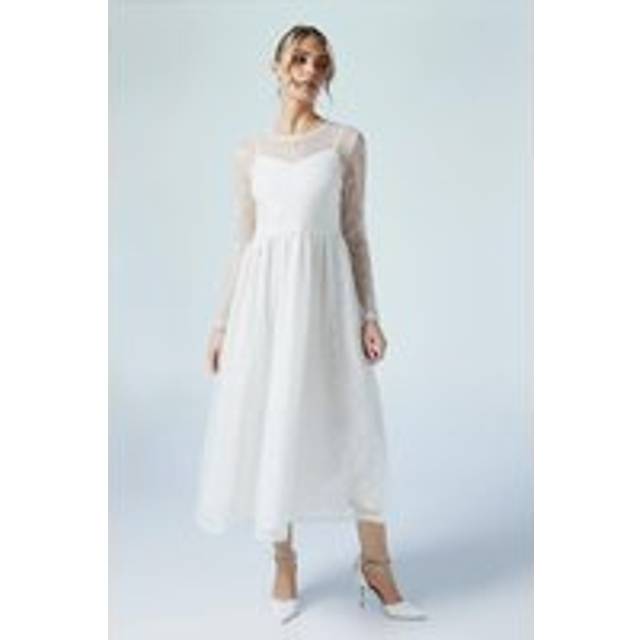 Embellished Mesh Long Sleeve Full Skirted Wedding Dress - Ivory - 8