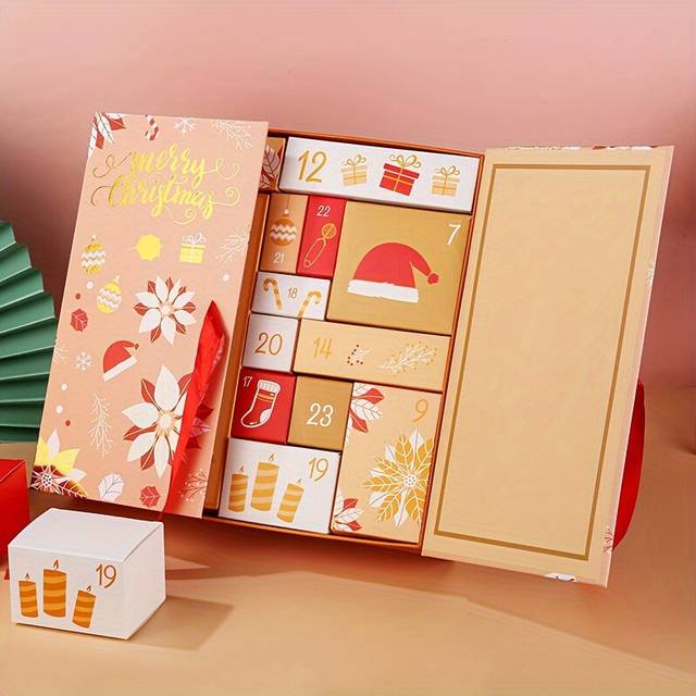 (Golden) Countdown Advent Calendar Gift Wrap Storage Boxes - Set of 24 Empty Paper Blind Box Style Packaging