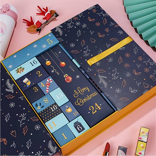 (Blue) Countdown Advent Calendar Gift Wrap Storage Boxes - Set of 24 Empty Paper Blind Box Style Packaging