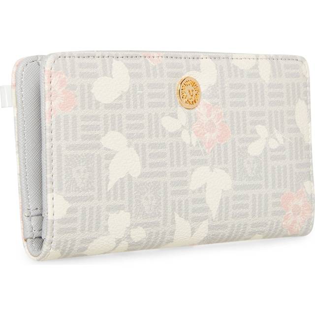 Anne Klein Women's Boxed Printed Floral Logo Slim Bifold in Grey logo- Pearl grey size 18.6"