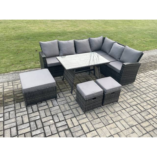 Fimous Outdoor Furniture Garden Dining Set Rattan Corner Sofa Set Rectangular Dining Table with Temper Glass 3 Footstools Dark Grey Mixed